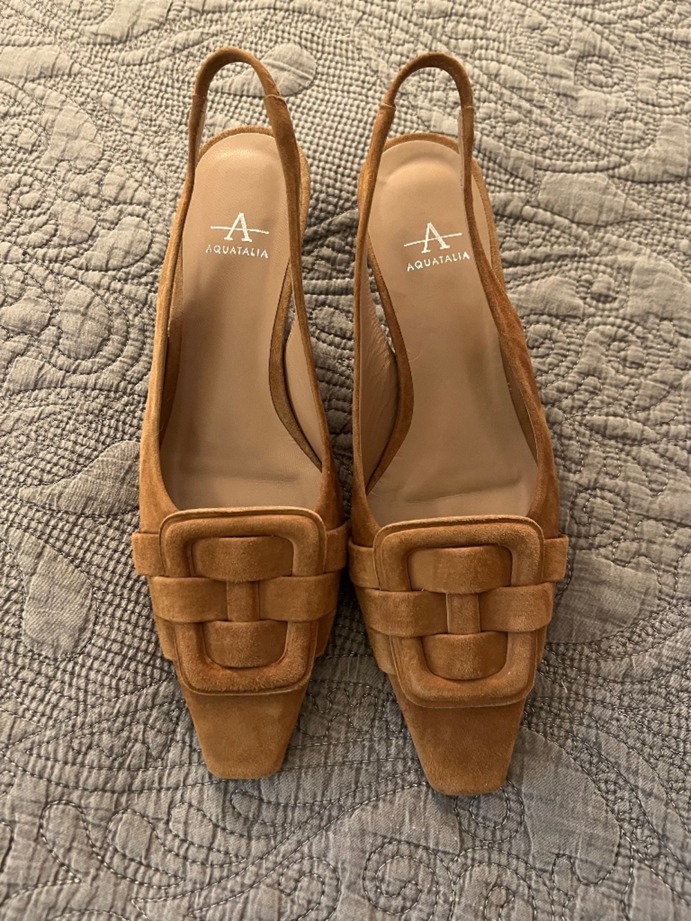 Aquatalia Brown/Tan Suede Buckle Design Kitten Heel Open Back Dress Shoes Size 8